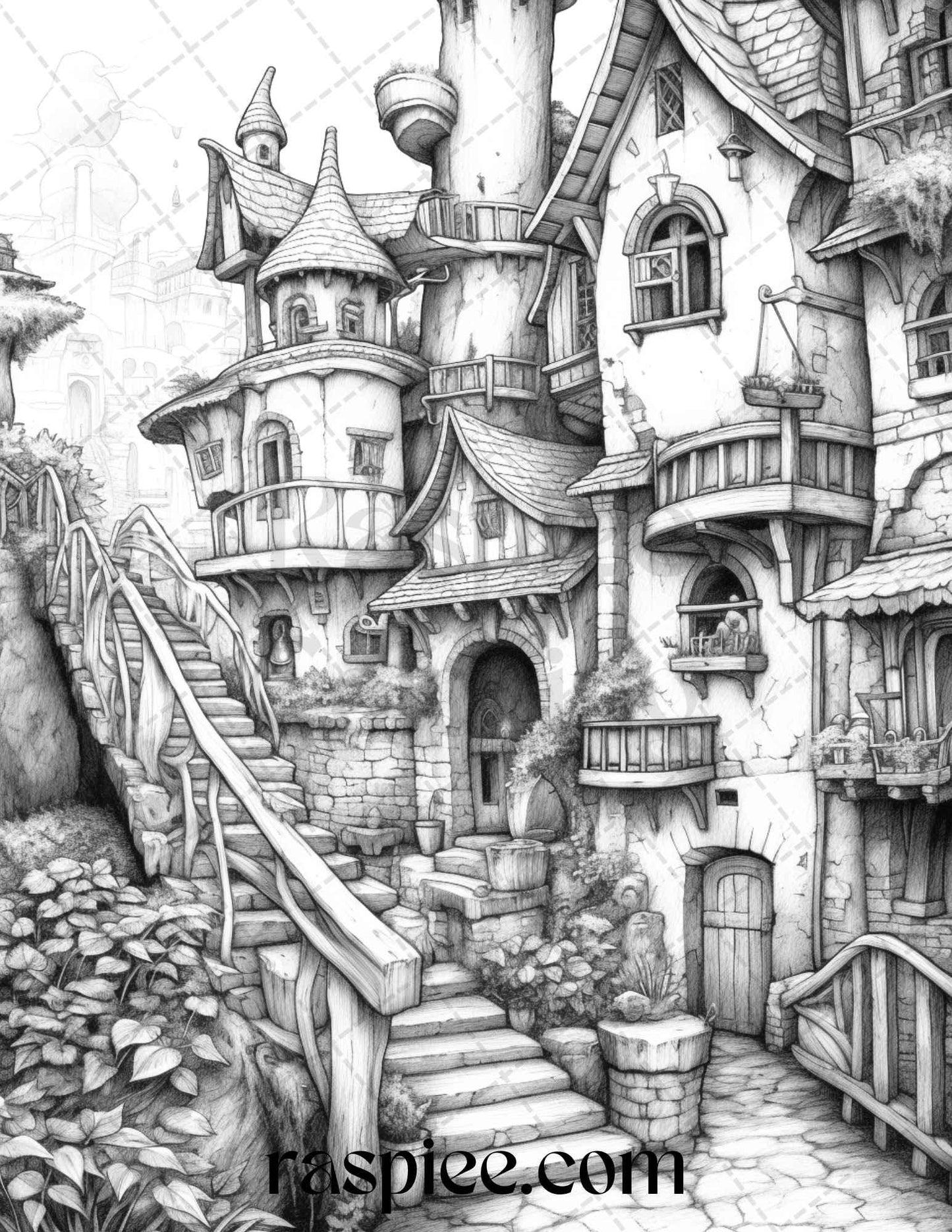 40 Fantasy Village Grayscale Coloring Pages Printable for Adults, PDF File Instant Download