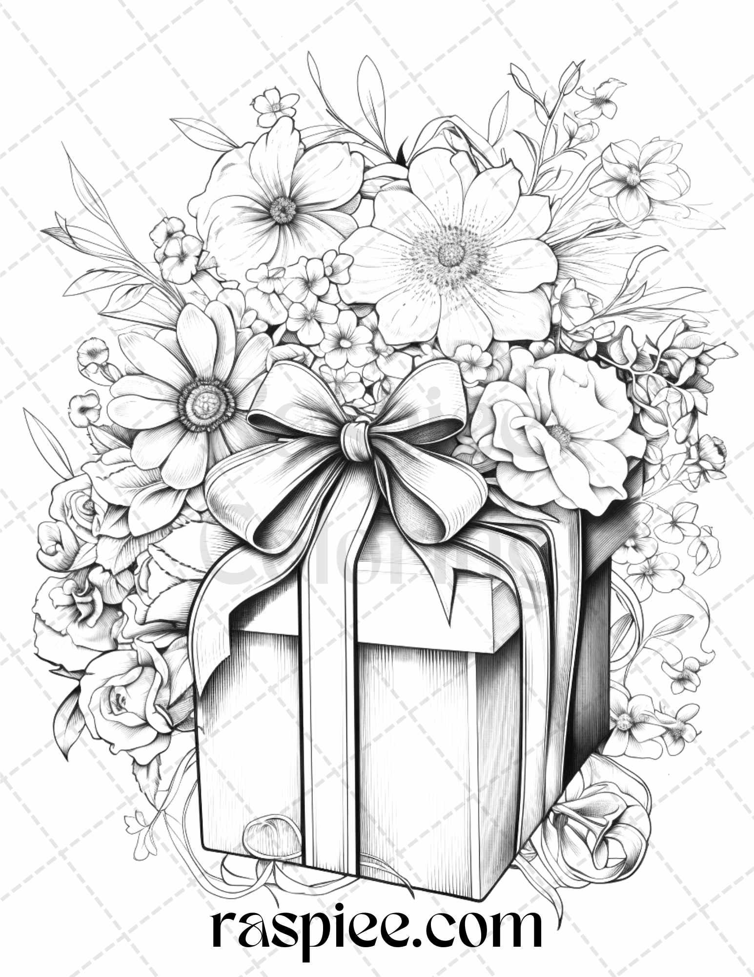 40 Flower Gift Box Grayscale Coloring Pages Printable for Adults Kids, PDF File Instant Download