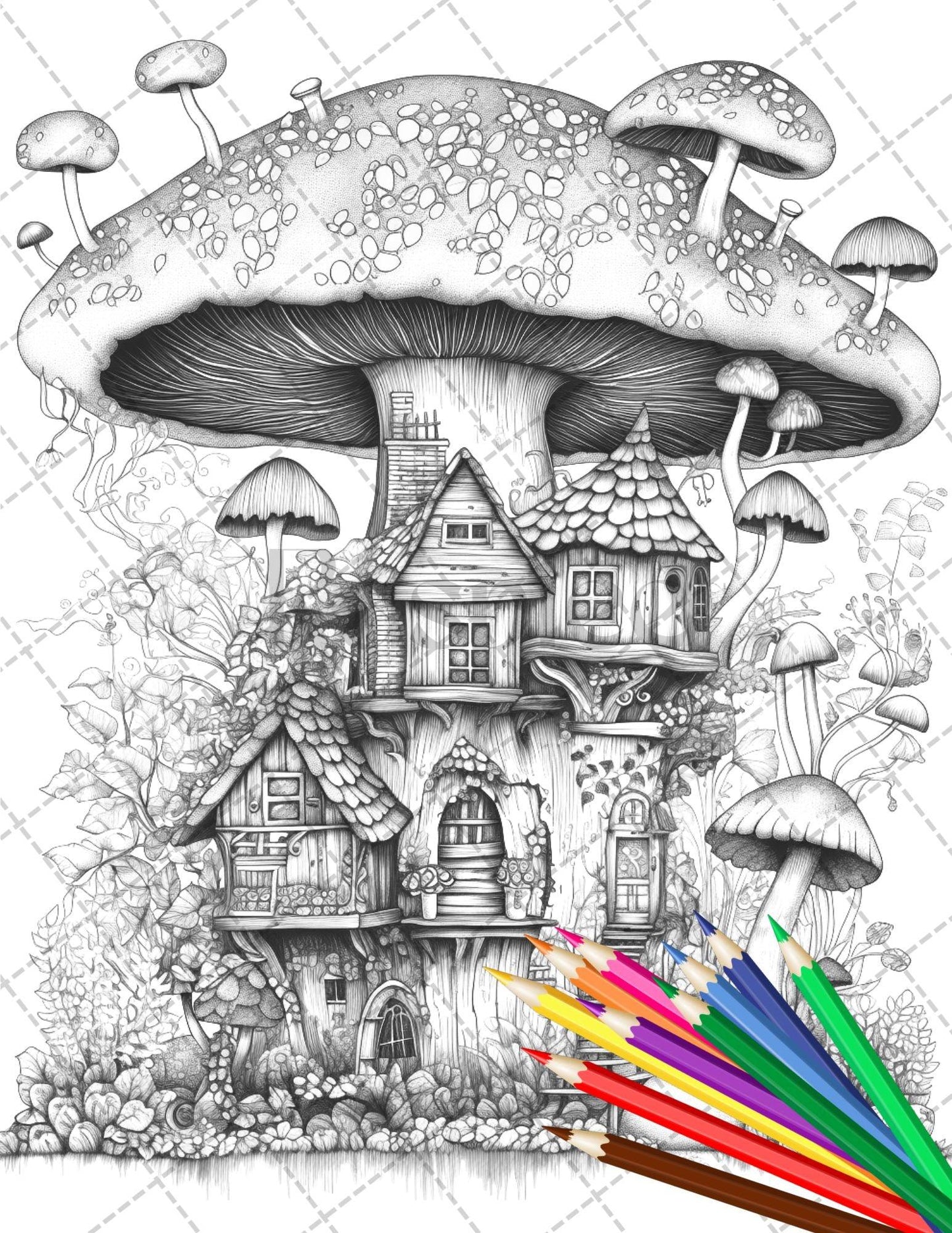 32 Whimsical Mushroom House Coloring Pages for Adults, Grayscale Coloring Book, Printable PDF File Download