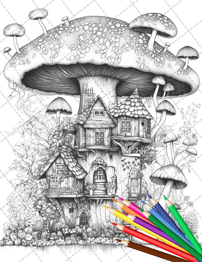 32 Whimsical Mushroom House Coloring Pages for Adults, Grayscale Coloring Book, Printable PDF File Download