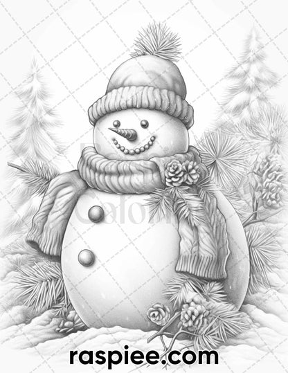 40 Chistmas Snowman Grayscale Coloring Pages for Adults, Printable PDF Instant Download