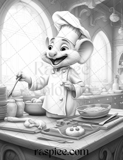 45 Mouse Chef Grayscale Coloring Pages Printable for Adults, PDF File Instant Download