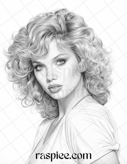 1980s Retro Beautiful Women Grayscale Coloring Pages for Adults, PDF File Instant Download