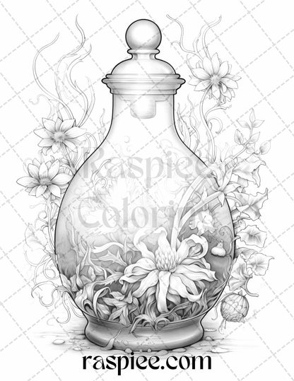 40 Mystical Magic Potions Grayscale Coloring Pages Printable for Adults, PDF File Instant Download