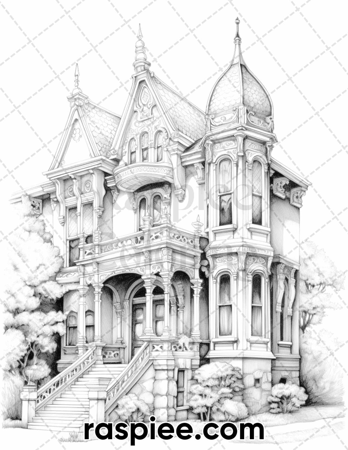 40 Victorian Mansions Grayscale Coloring Pages for Adults, Printable PDF Instant Download