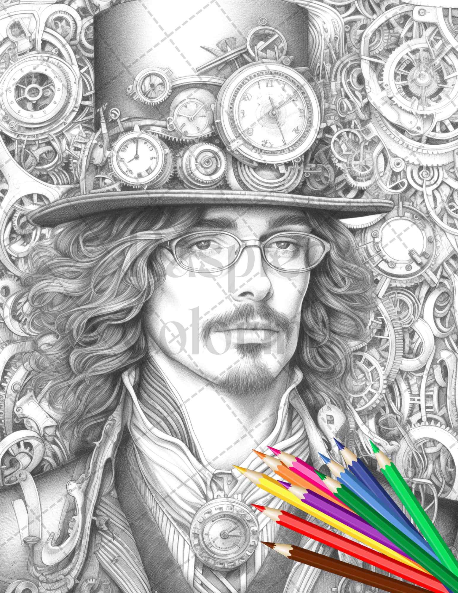 42 Steampunk Mens Grayscale Coloring Pages Printable for Adults, PDF File Instant Download