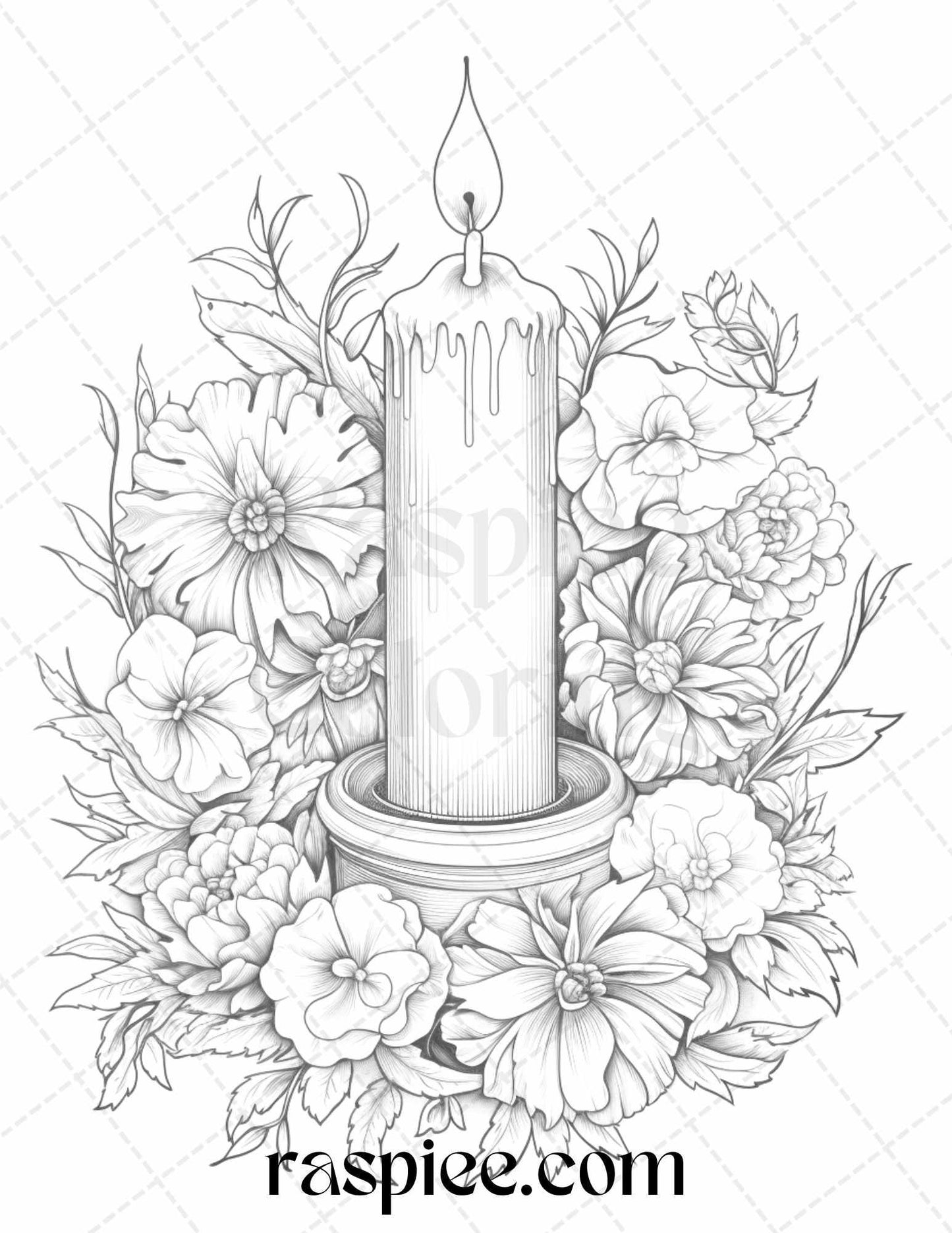 40 Flower Candles Grayscale Coloring Pages Printable for Adults, PDF File Instant Download