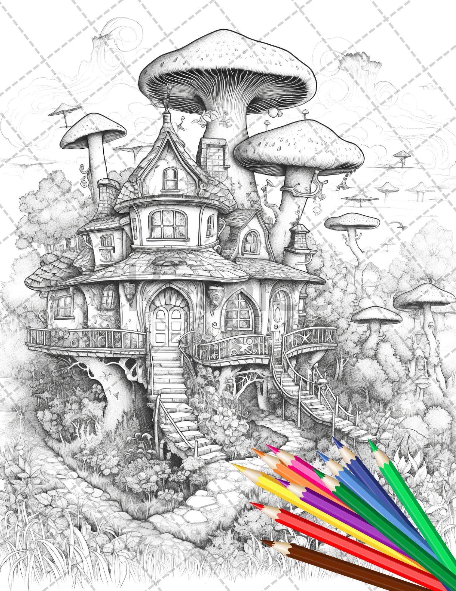 30 Fantasy Fairy Houses Coloring Page Book, Printable Adult Coloring Pages, Enchanted Fairy Home Grayscale Coloring Book, Printable PDF File