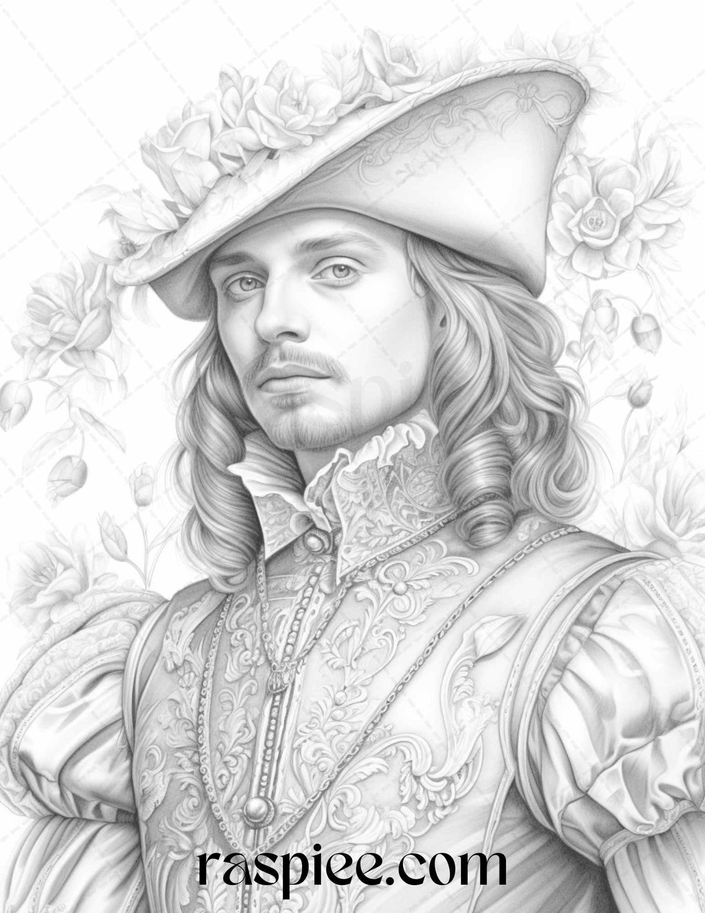 50 Baroque Man Portrait Grayscale Graysale Coloring Pages Printable for Adults, PDF File Instant Download