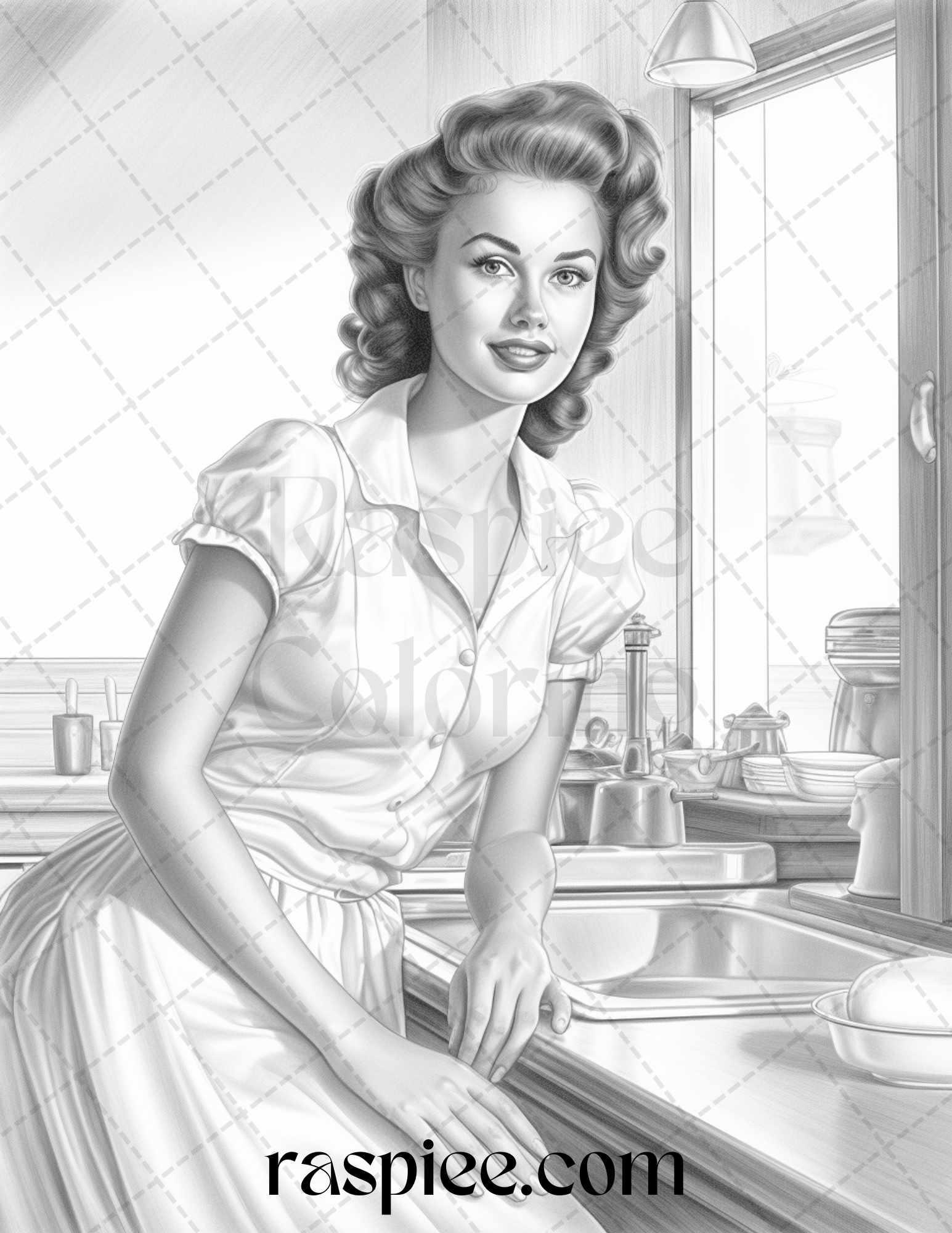 40 Retro Housewives Grayscale Coloring Pages for Adults, Printable PDF File Instant Download