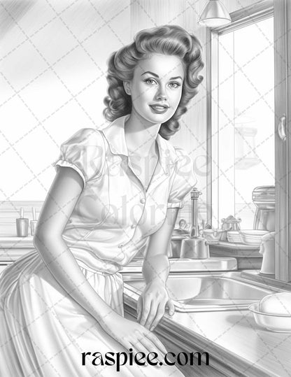 40 Retro Housewives Grayscale Coloring Pages for Adults, Printable PDF File Instant Download