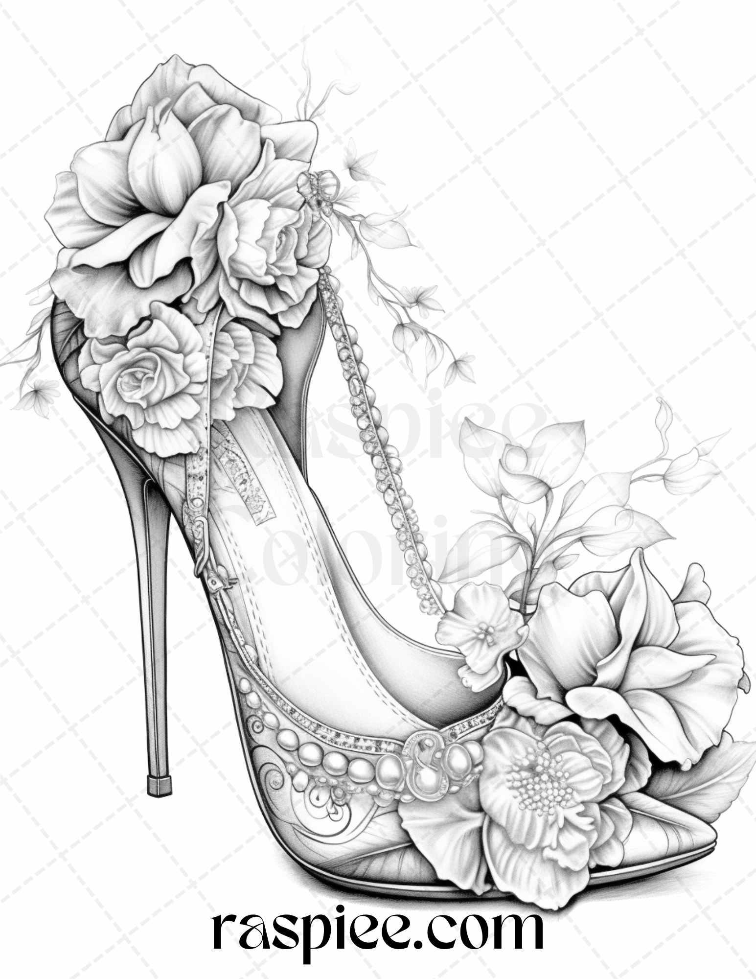 40 Flower Wedding Shoes Grayscale Coloring Pages Printable for Adults, PDF File Instant Download