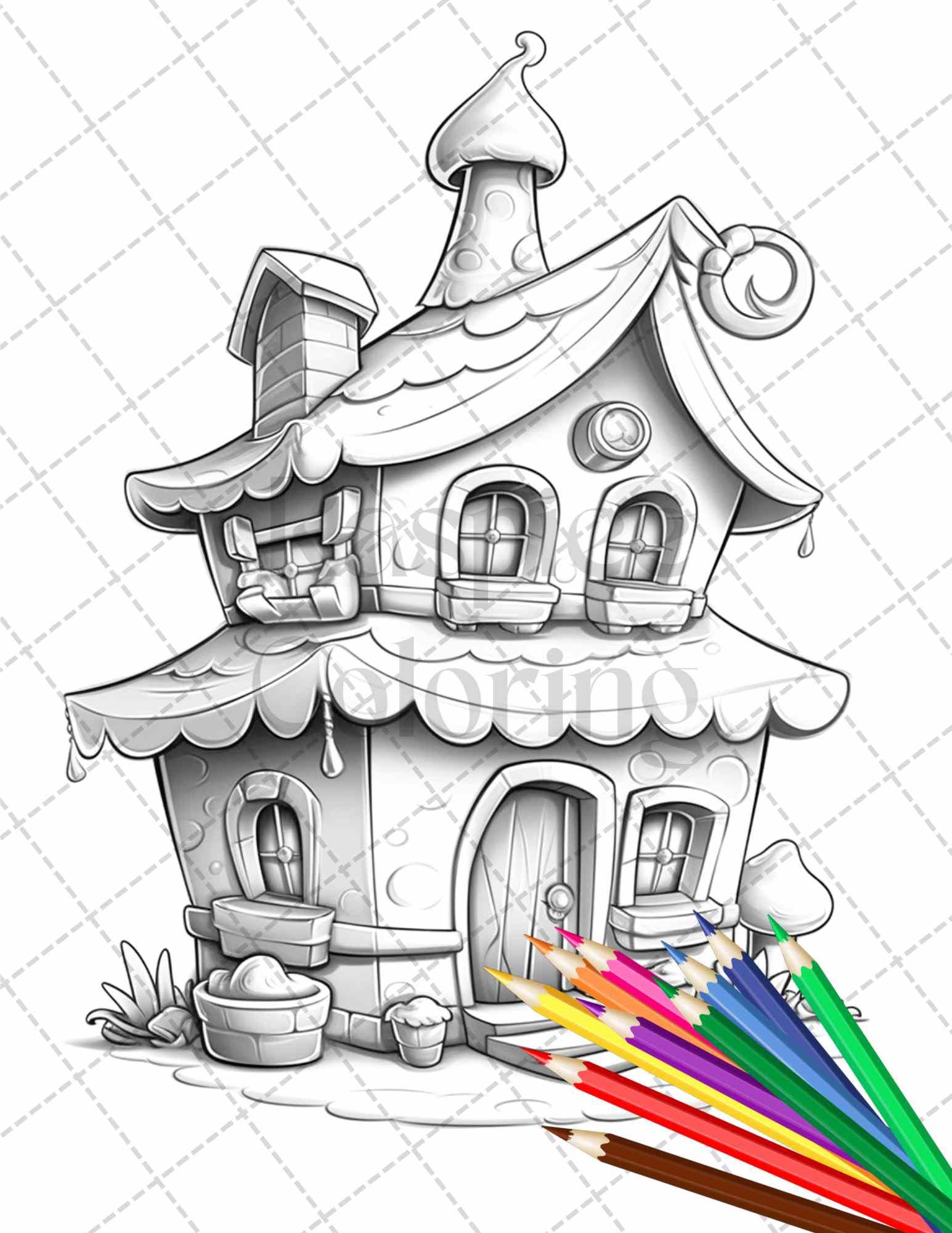 50 Adorable Cake Houses Grayscale Coloring Pages Printable for Adults and Kids, PDF File Instant Download