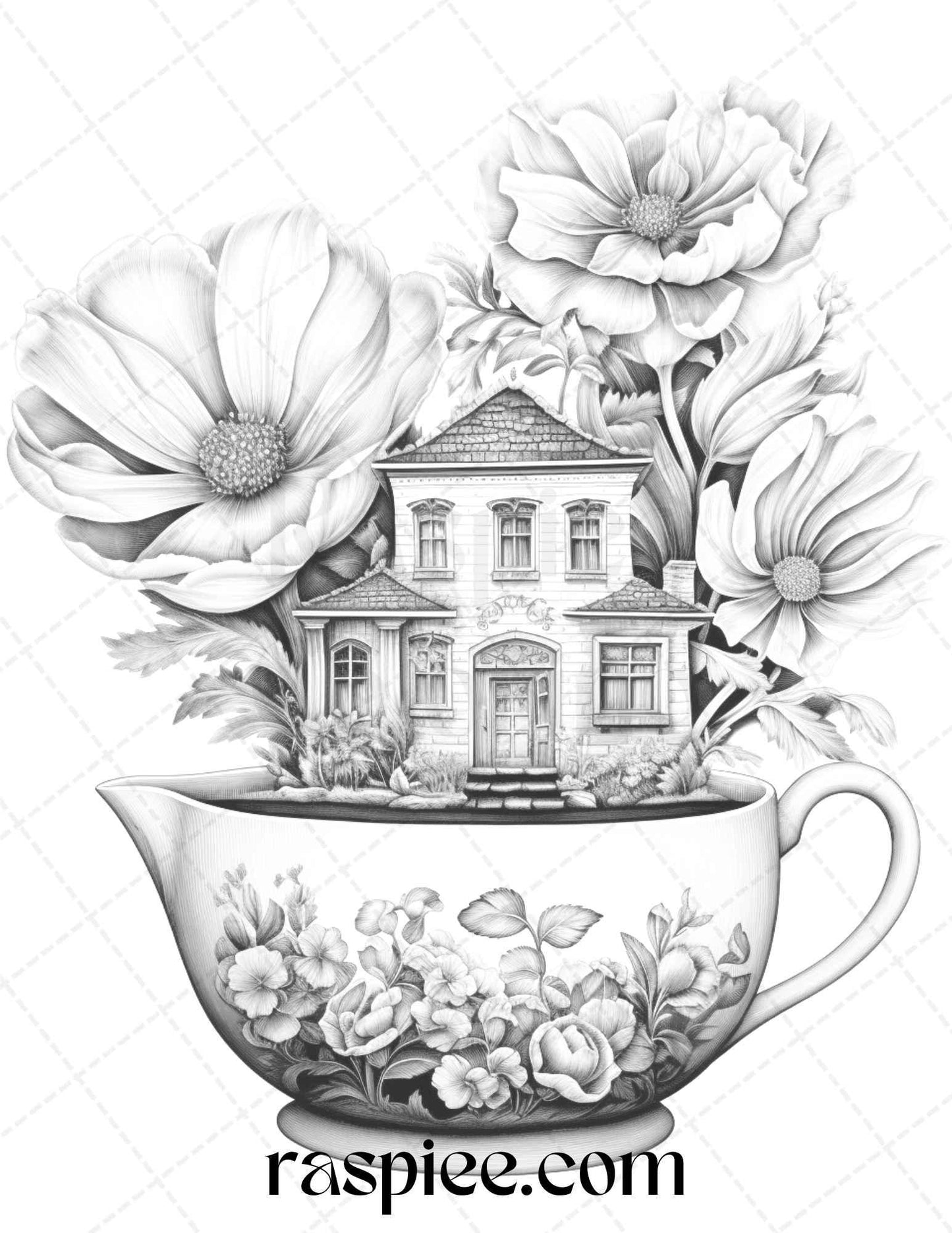 40 Flower Teacup Fairy Houses Grayscale Coloring Pages Printable for Adults, PDF File Instant Download