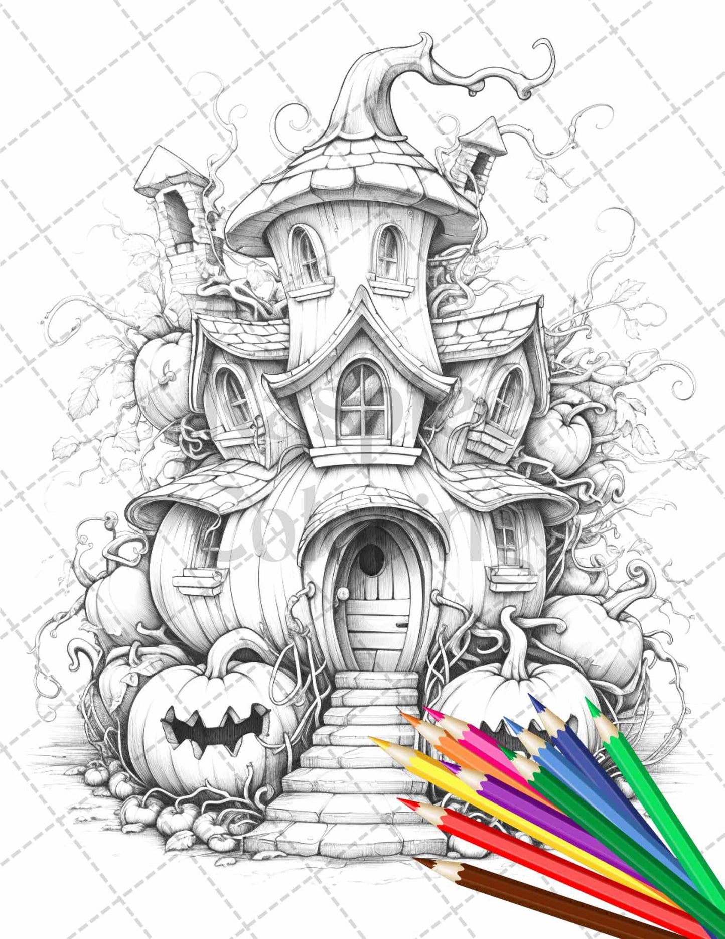 40 Pumpkin Fairy Houses Grayscale Coloring Pages Printable for Adults, PDF File Instant Download