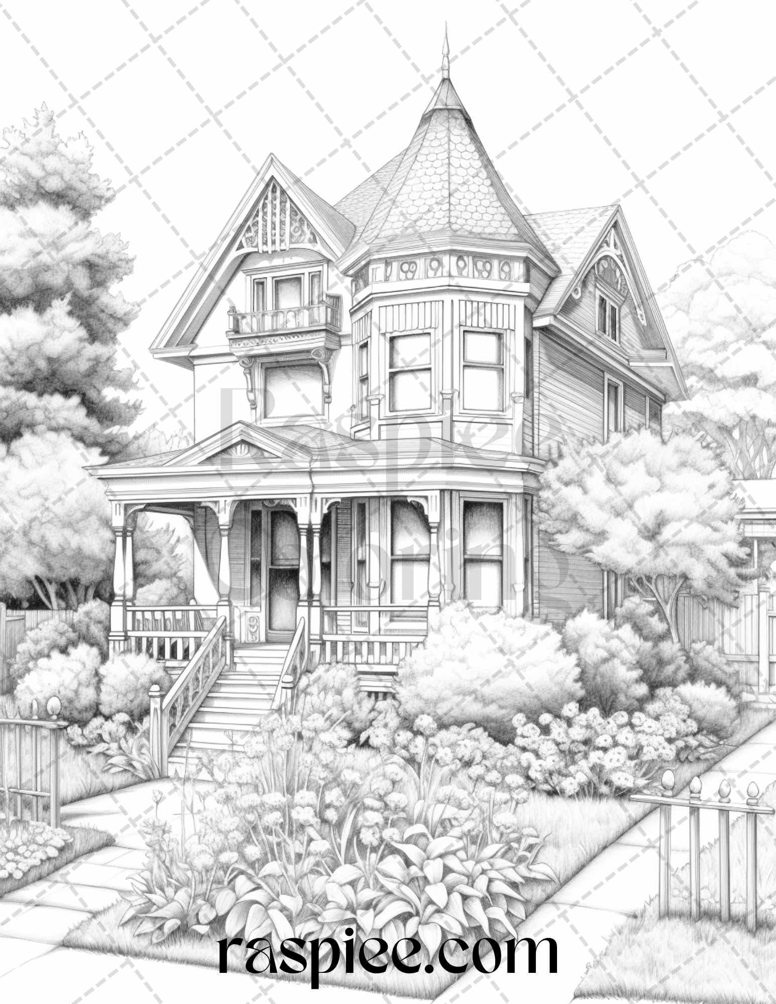 40 Victorian Houses Grayscale Coloring Pages Printable for Adults, PDF File Instant Download