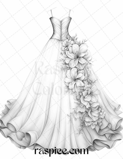 40 Elegant Floral Wedding Dresses Grayscale Coloring Pages Printable for Adults, PDF File Instant Download