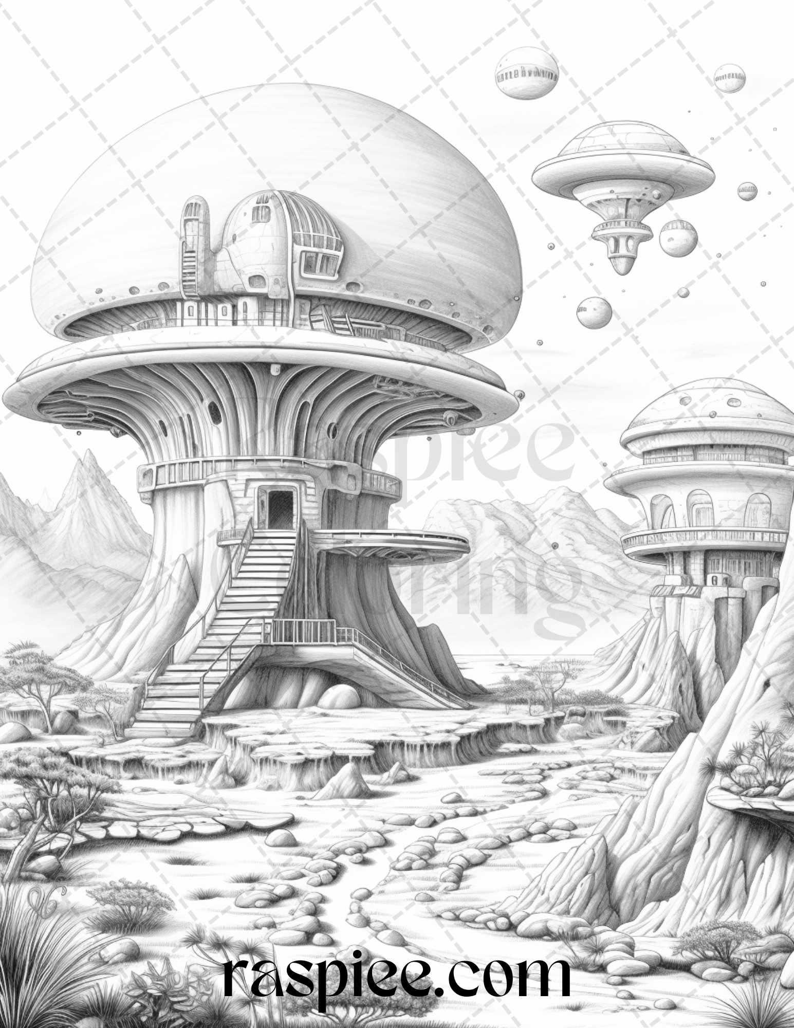 40 Alien Houses Grayscale Coloring Pages for Adults, Printable PDF File Instant Download