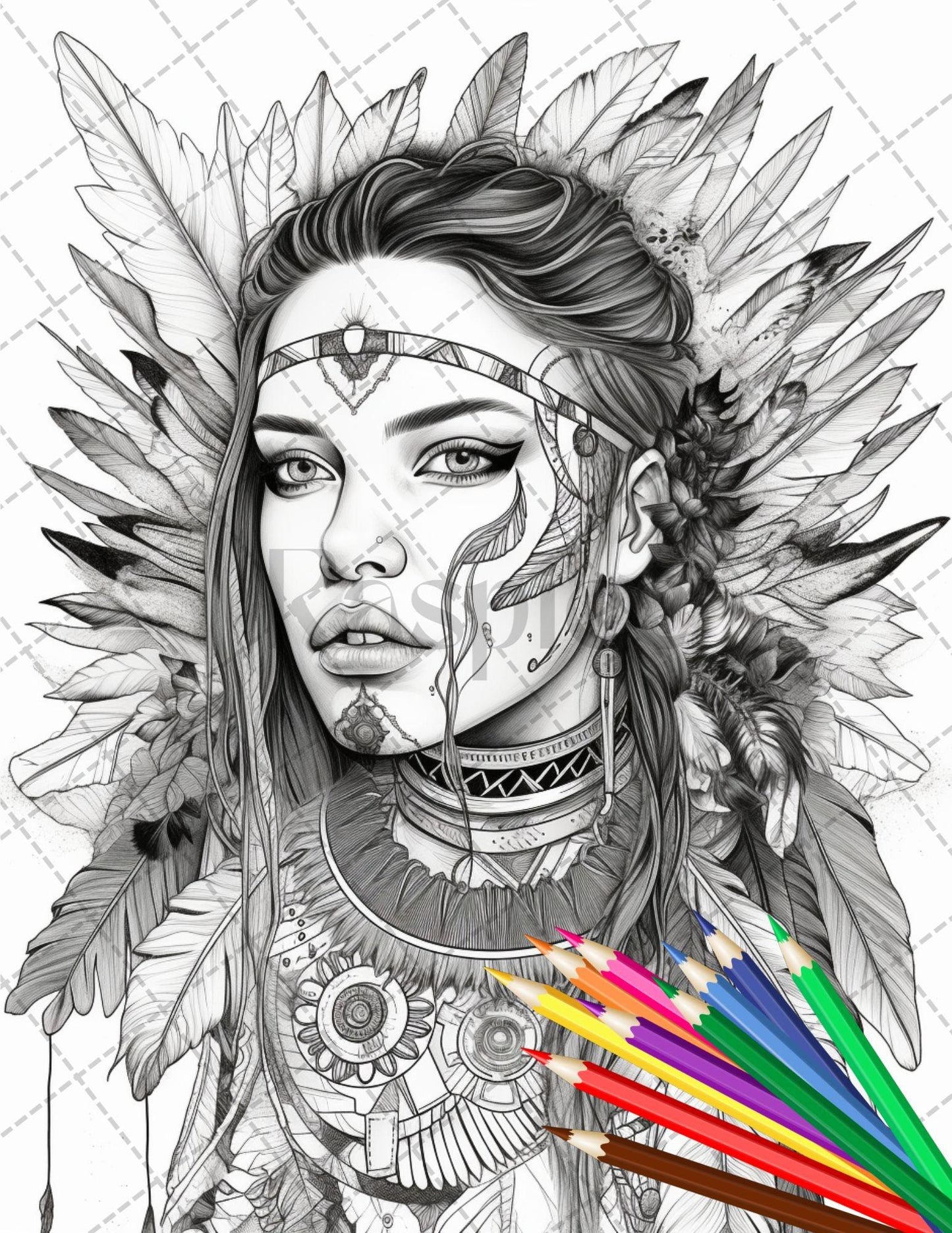 30 Native American Girls Printable Coloring Pages for Adult, Native American Culture Grayscale Coloring Book, Printable PDF File Download