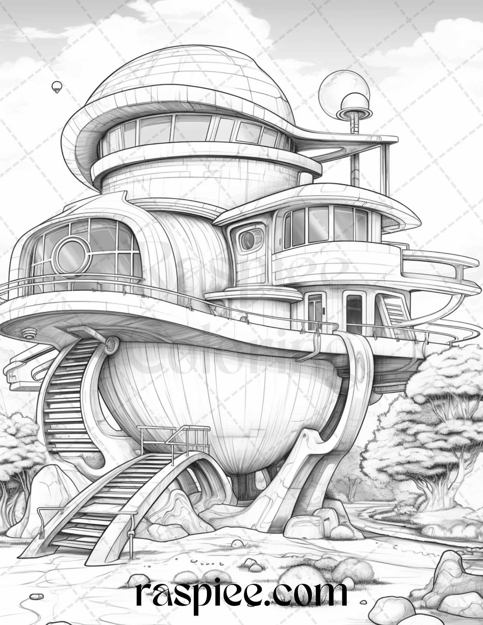 43 Futuristic Houses Grayscale Coloring Pages Printable for Adults, PDF File Instant Download