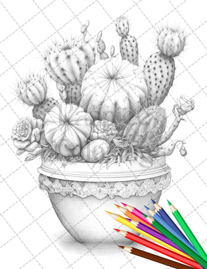 40 Charming Cactus Pots Grayscale Coloring Pages Printable for Adults, PDF File Instant Download