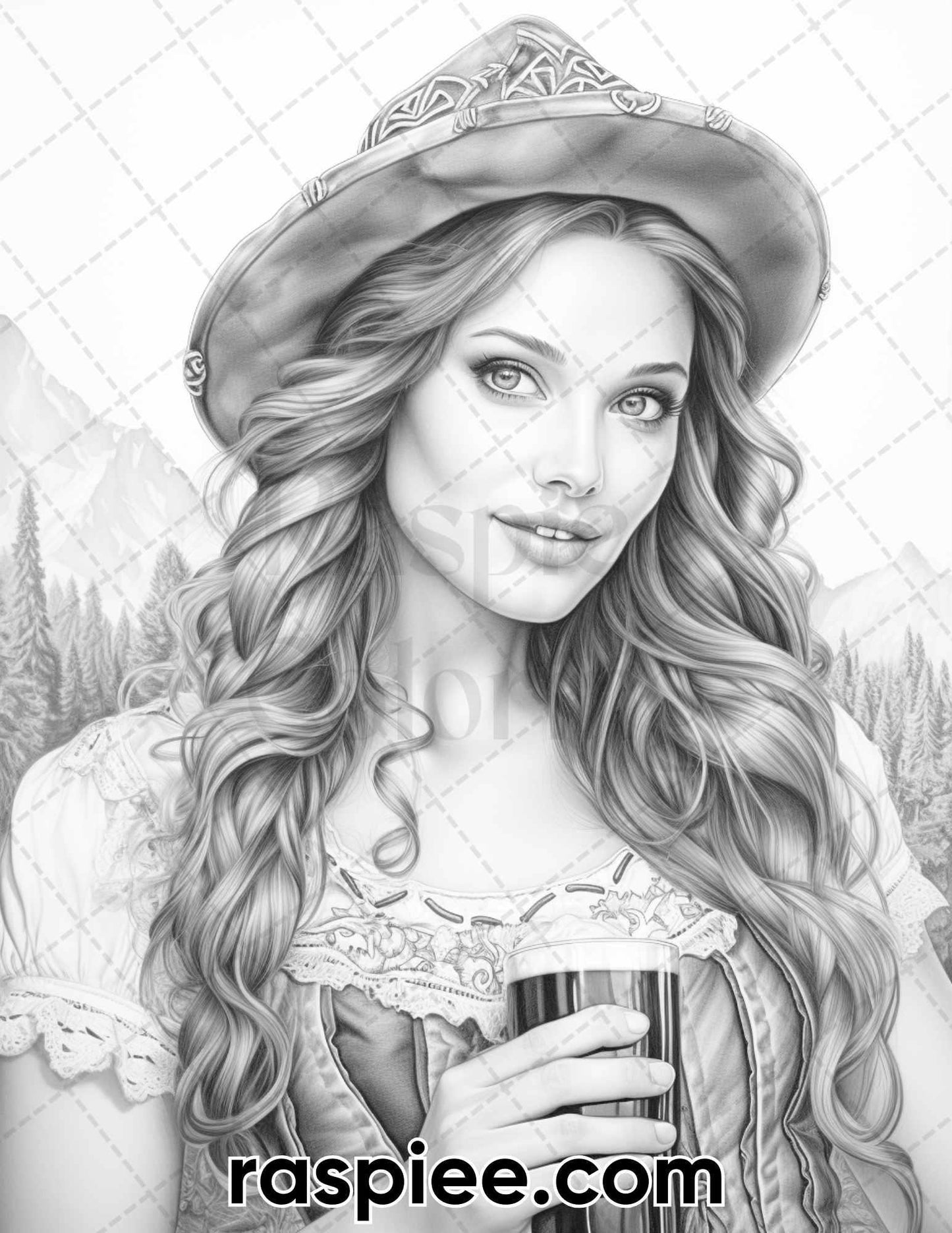 50 Oktoberfest Girls Grayscale Coloring Pages for Adults, Printable PDF Instant Download