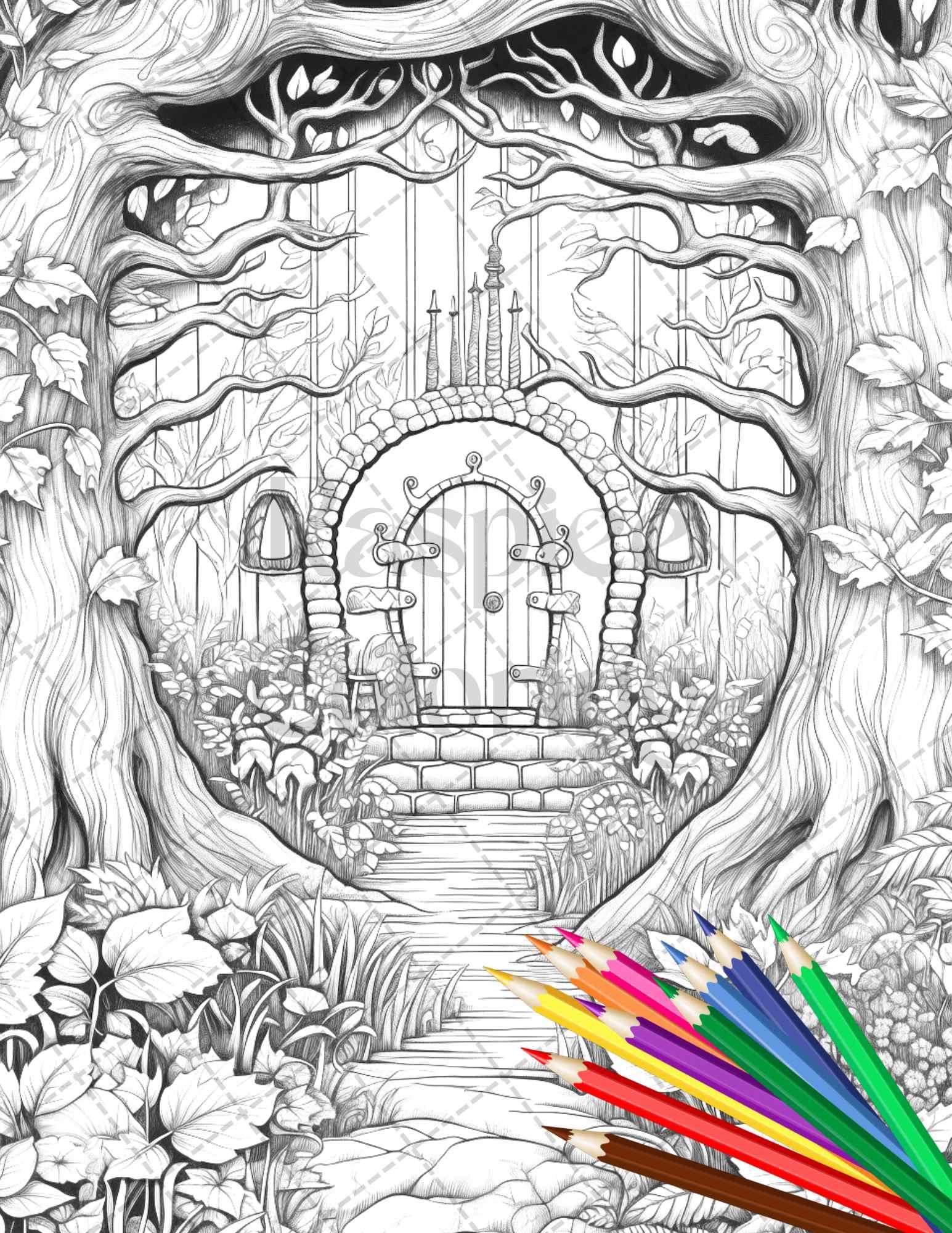 40 Magical Forest Gates Grayscale Coloring Pages Printable for Adults, PDF File Instant Download