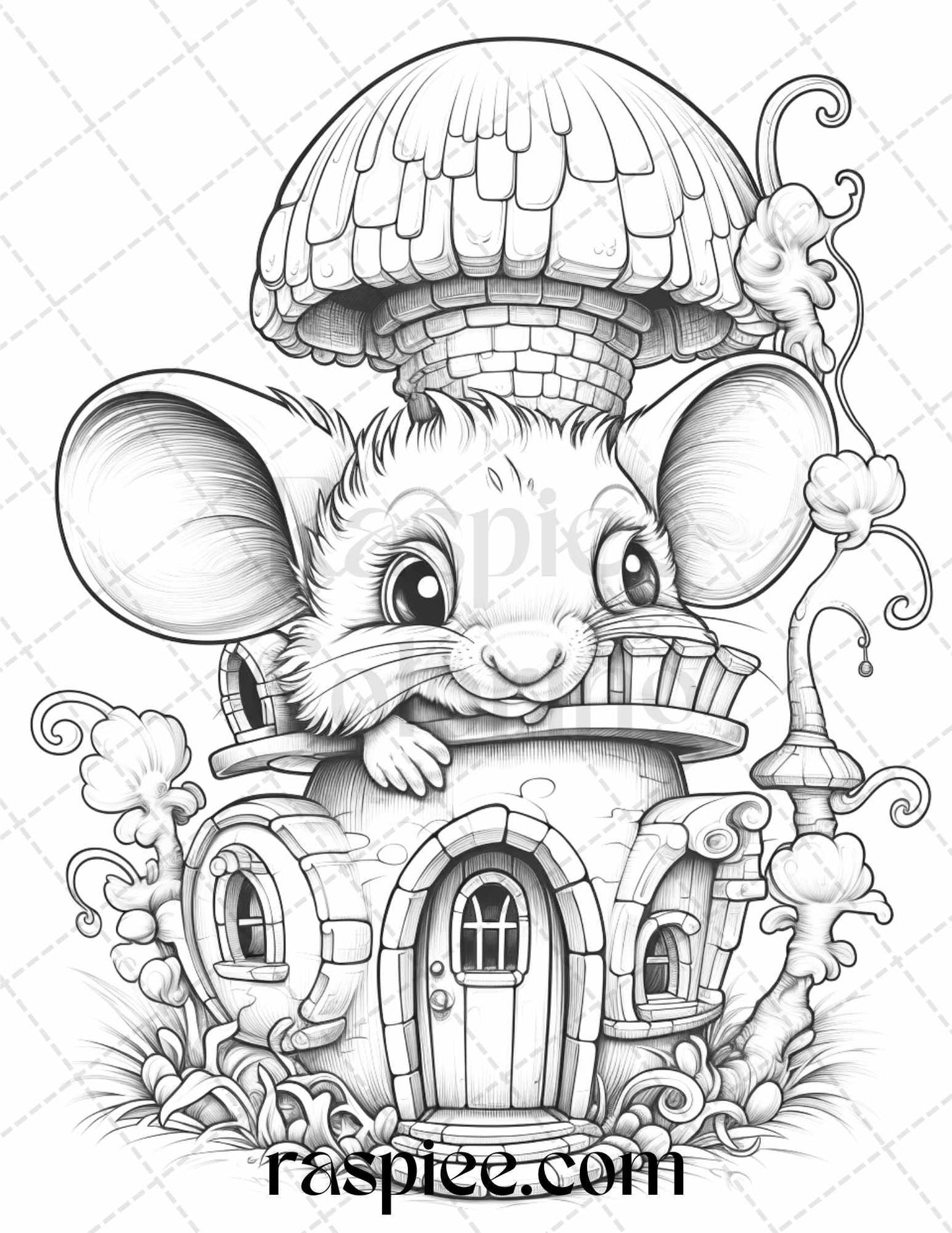 40 Magical Mouse Houses Grayscale Coloring Pages Printable for Adults, PDF File Instant Download