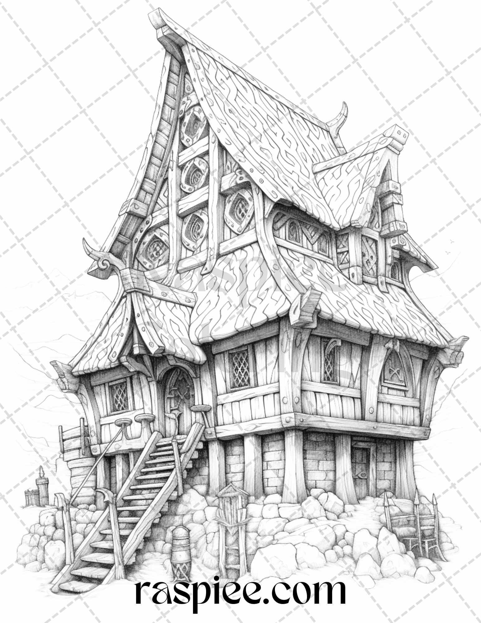 40 Viking Houses Grayscale Coloring Pages Printable for Adults, PDF File Instant Download