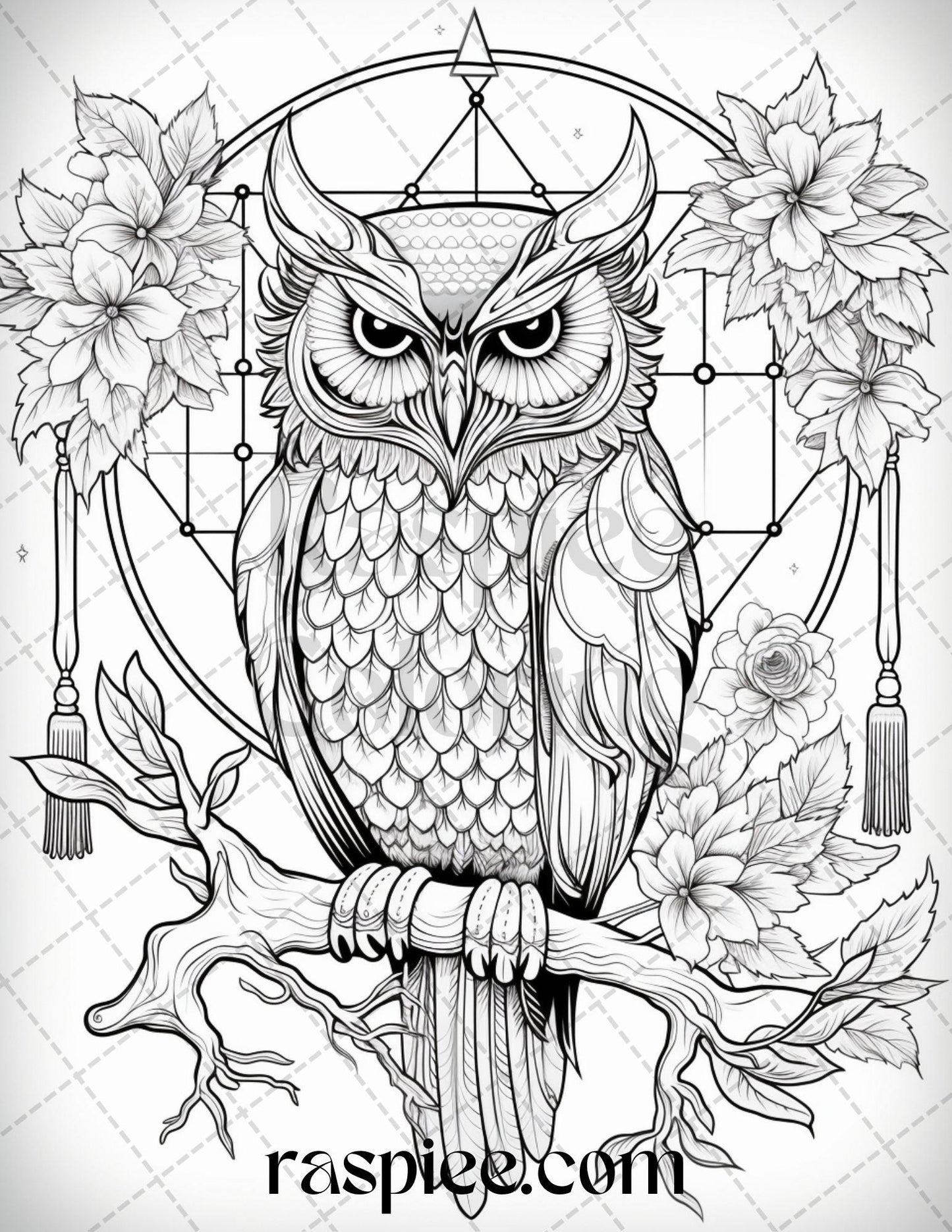 40 Floral Owl Grayscale Printable Coloring Pages for Adults, PDF File Instant Download