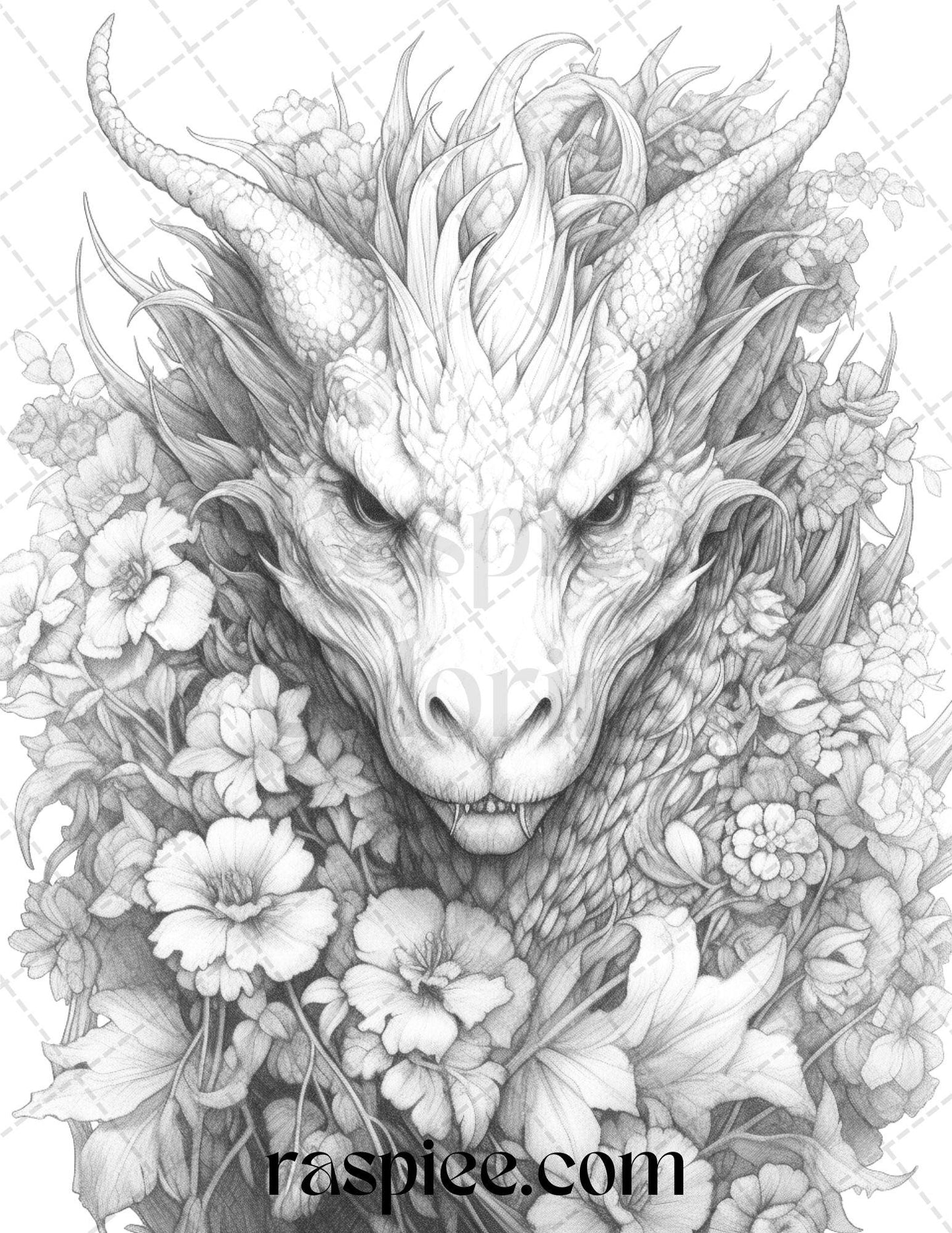 40 Flower Dragon Grayscale Coloring Pages Printable for Adults, PDF File Instant Download