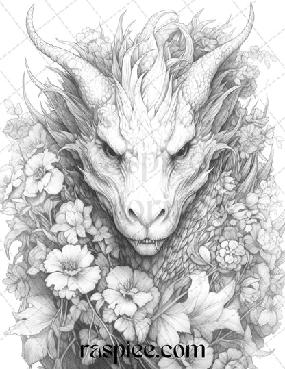 40 Flower Dragon Grayscale Coloring Pages Printable for Adults, PDF File Instant Download