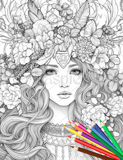 38 Flower Goddess Coloring Pages Printable for Adults, Grayscale Coloring Page, PDF File Instant Download