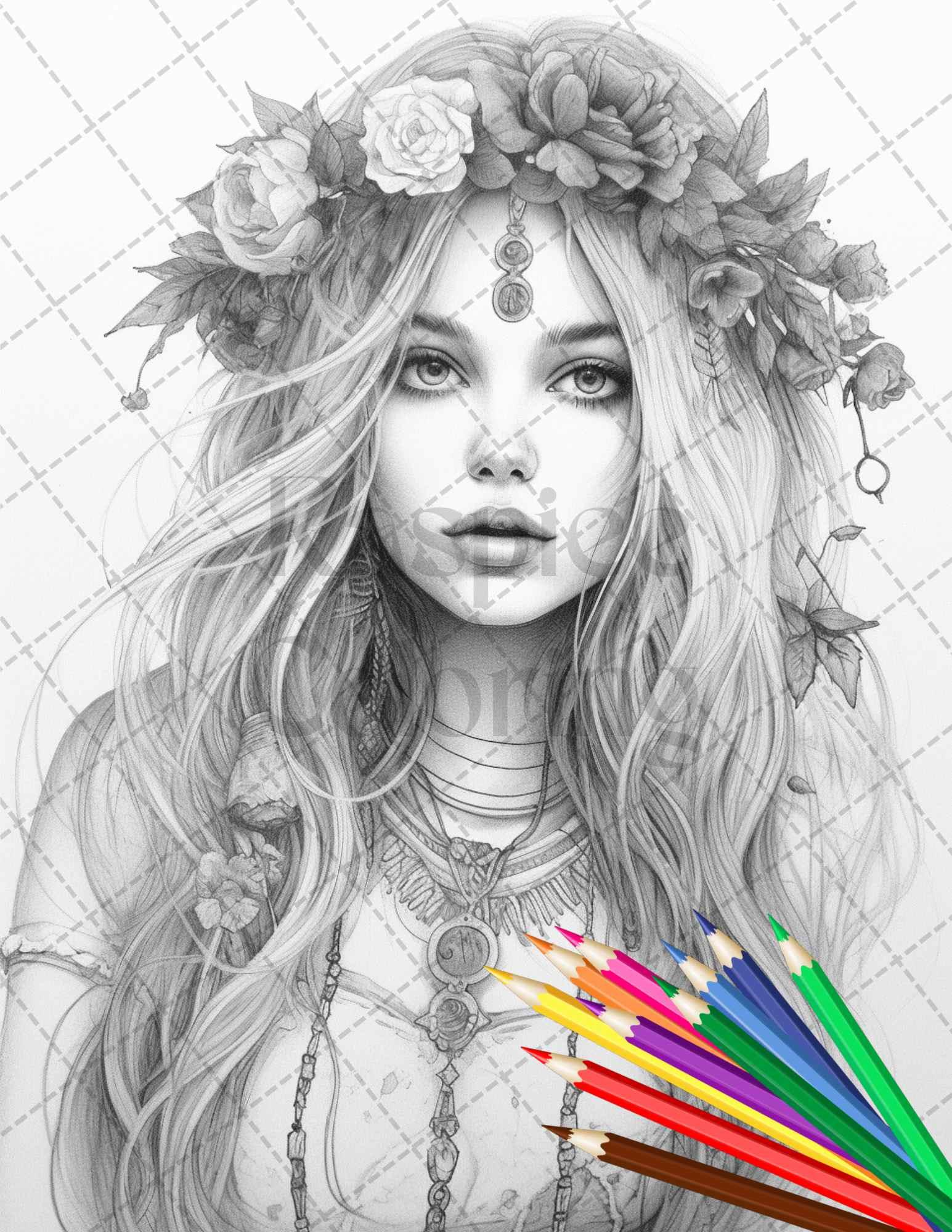 43 Beautiful Hippie Girls Grayscale Coloring Pages Printable for Adults, PDF File Instant Download