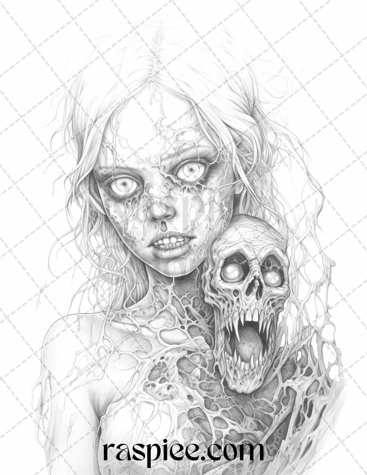 40 Scary Zombie Girls Grayscale Coloring Pages Printable for Adults, PDF File Instant Download