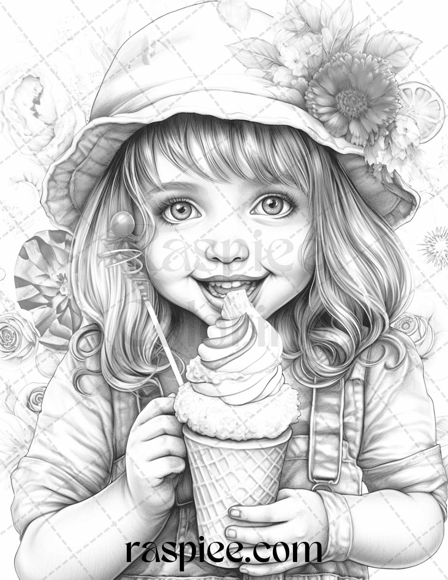 42 Adorable Girls with Ice Cream Grayscale Coloring Pages Printable for Adults Kids, PDF File Instant Download