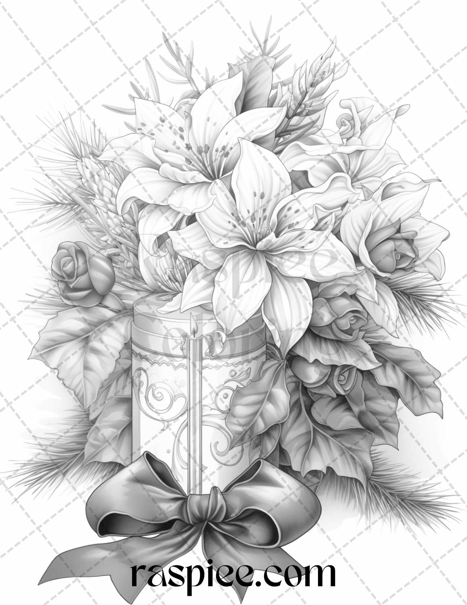 45 Christmas Flowers Grayscale Coloring Pages Printable for Adults, PDF File Instant Download