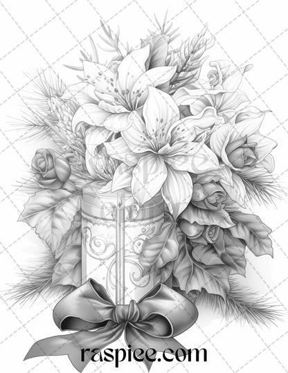 45 Christmas Flowers Grayscale Coloring Pages Printable for Adults, PDF File Instant Download