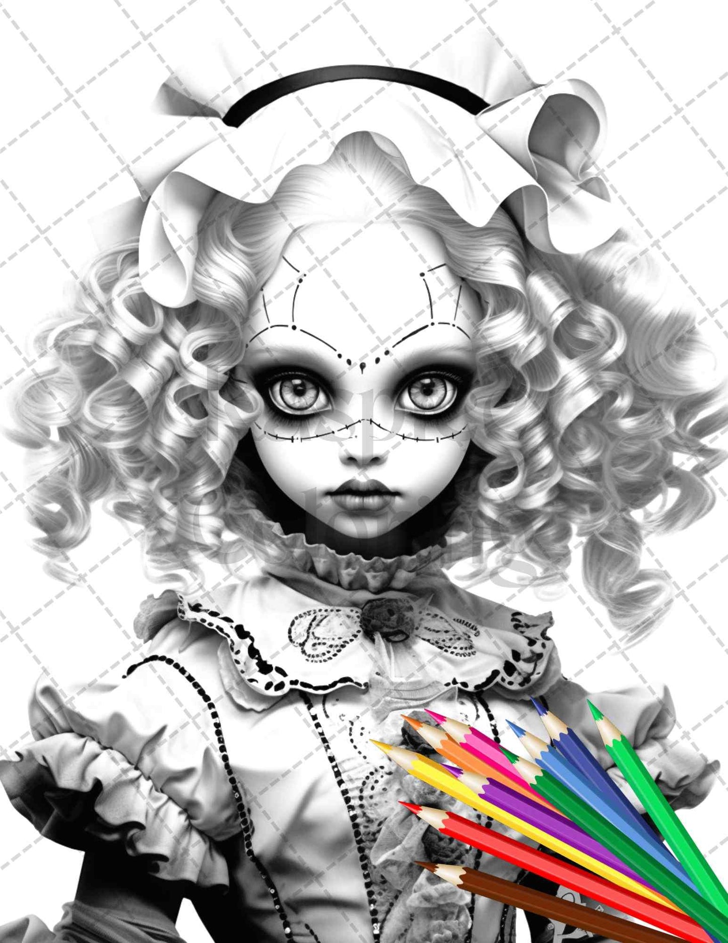 40 Creepy Porcelain Dolls Grayscale Coloring Pages for Adults, PDF File Instant Download