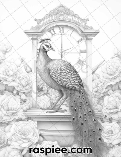 40 Majestic Peacocks Grayscale Adult Coloring Pages, Printable PDF Instant Download