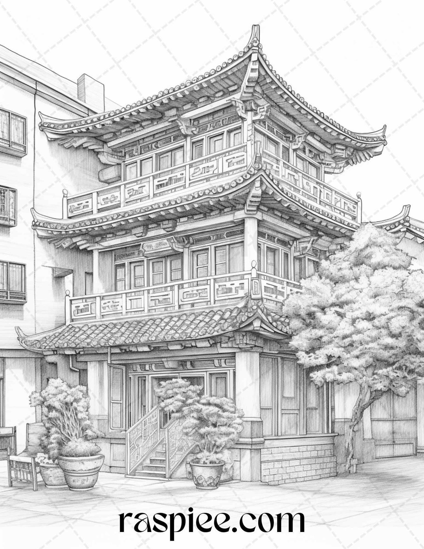 40 Traditional Chinese Houses Grayscale Coloring Pages Printable for Adults, PDF File Instant Download