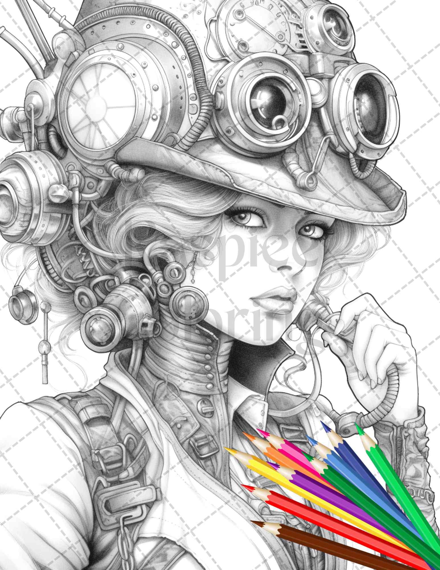 40 Steampunk Ladies Grayscale Coloring Pages Printable for Adults, PDF File Instant Download