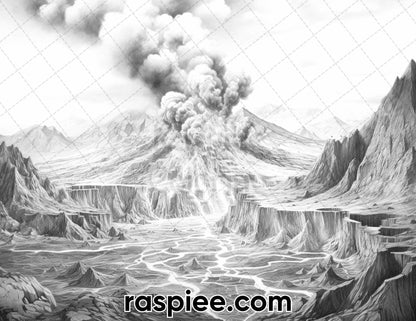 44 Volcanic Landscapes Grayscale Adult Coloring Pages, Printable PDF Instant Download