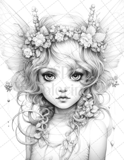 45 Adorable Chibi Fairy Grayscale Coloring Pages Printable for Adults, PDF File Instant Download