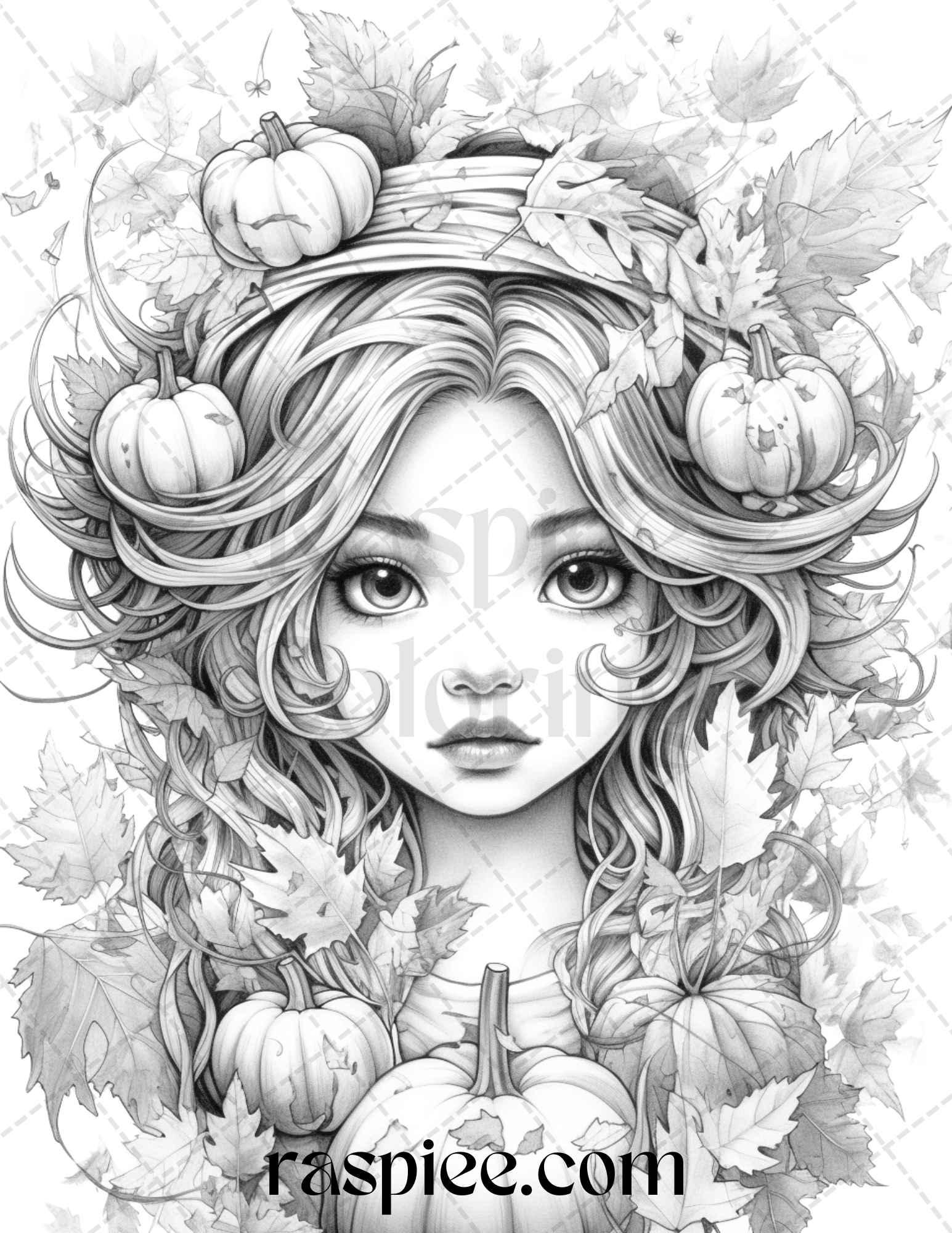 40 Pumpkin Fairy Girls Grayscale Coloring Pages Printable for Adults, PDF File Instant Download