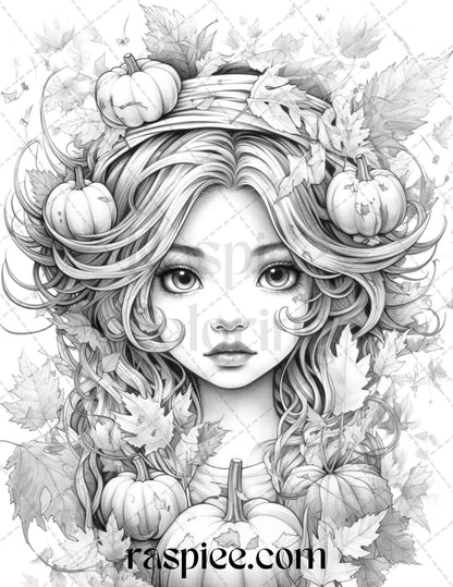 40 Pumpkin Fairy Girls Grayscale Coloring Pages Printable for Adults, PDF File Instant Download