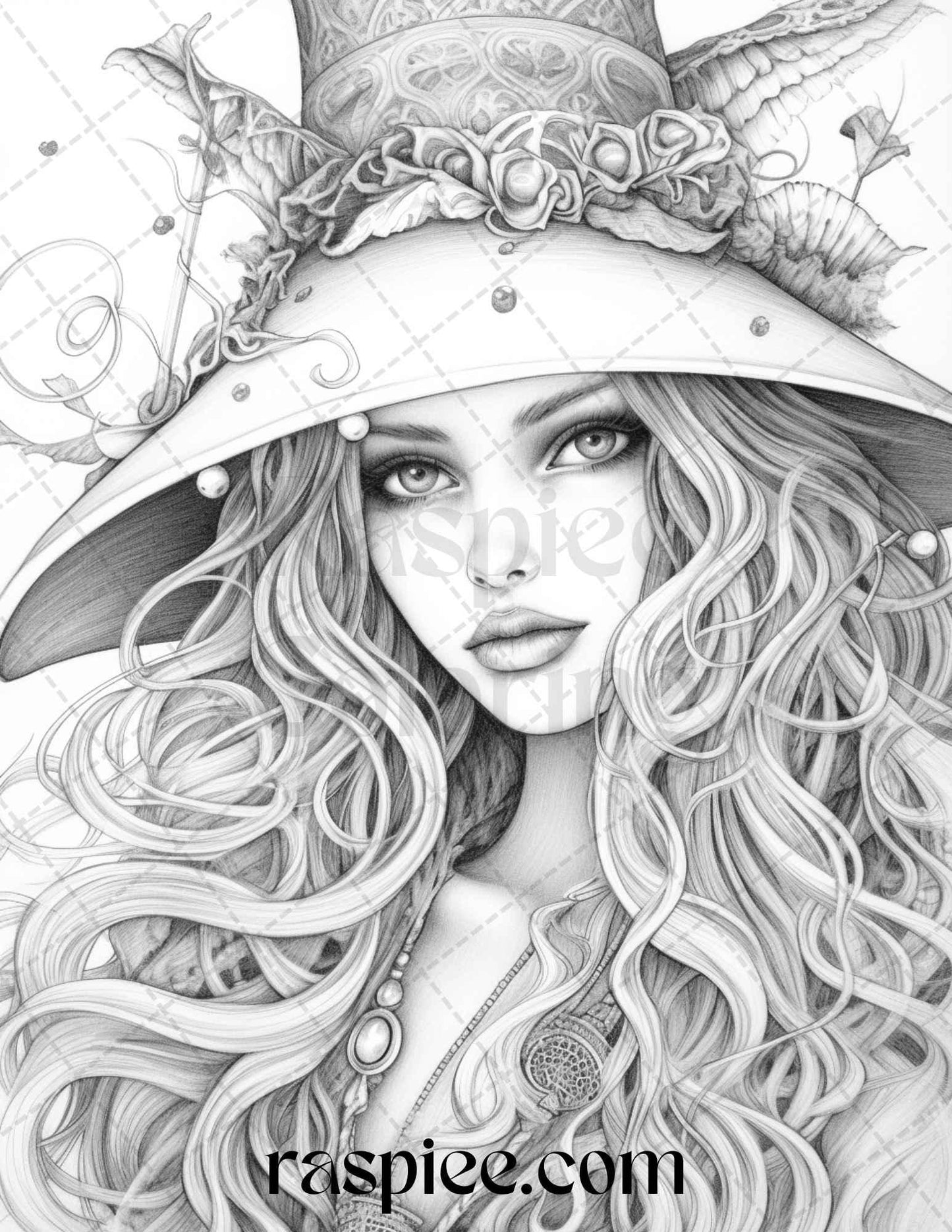 40 Beautiful Witches Grayscale Coloring Pages Printable for Adults, PDF File Instant Download