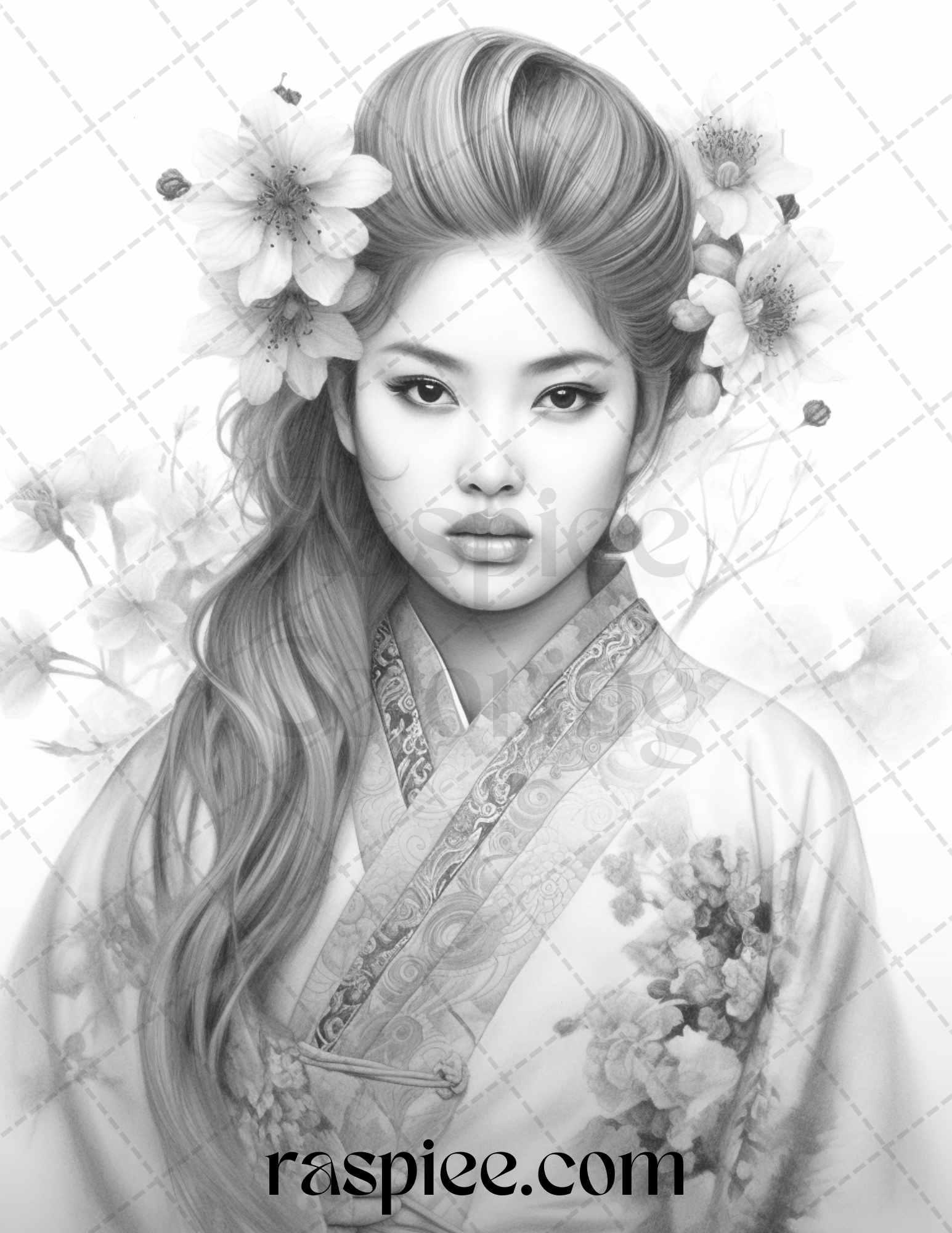 40 Beautiful Japanese Girls Grayscale Coloring Pages Printable for Adults, PDF File Instant Download