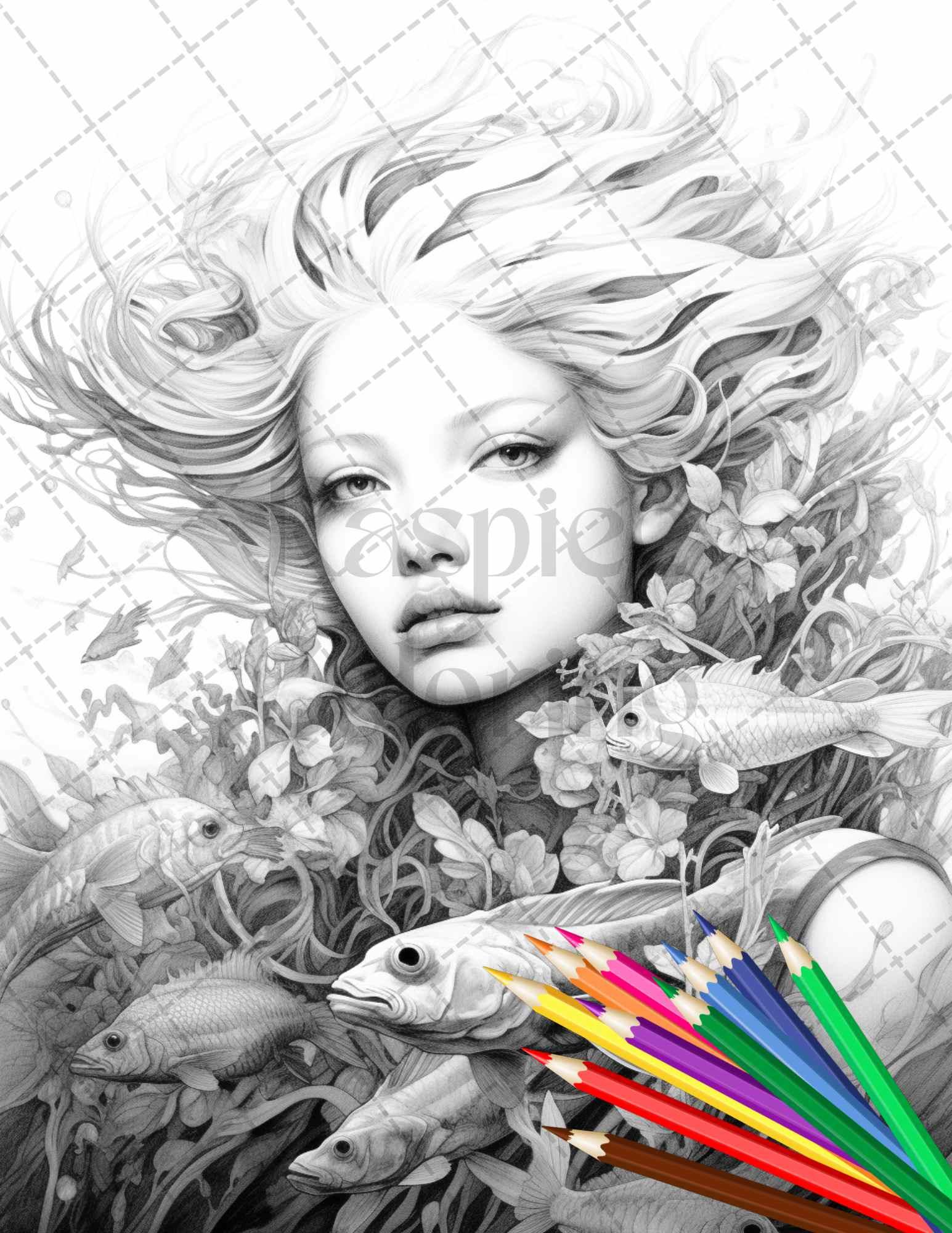 40 Enchanted Mermaid Grayscale Coloring Pages Printable for Adults, PDF File Instant Download