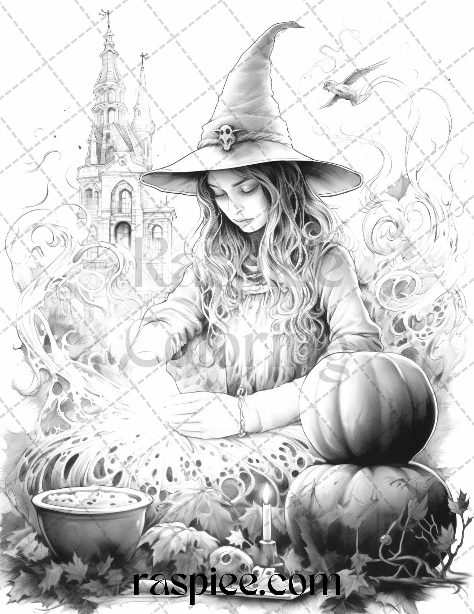 40 Witchy Wonders Grayscale Coloring Pages Printable for Adults, PDF File Instant Download